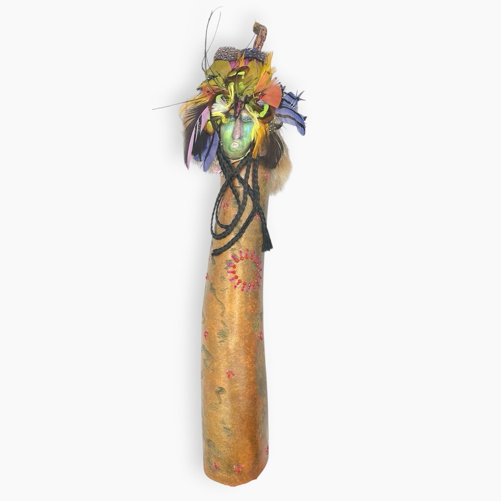 Native American Gourd Spirit Doll‎ Mask Art Feathers Fur Vintage